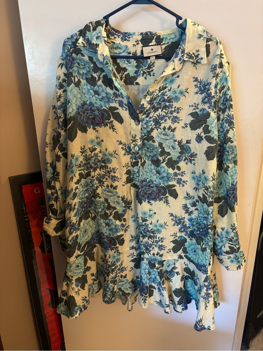 Tuckernuck Wild Zinnia Linen Callahan Shirt Dress with Blue Floral Print